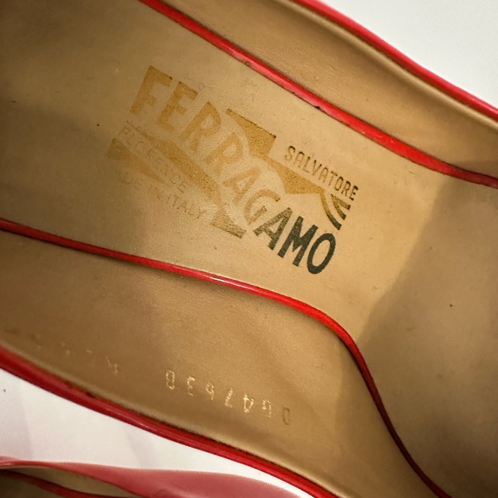 Salvatore Ferragamo Vara Red Patent Peep-Toe Heels Pumps size 7 - Picture 7 of 10